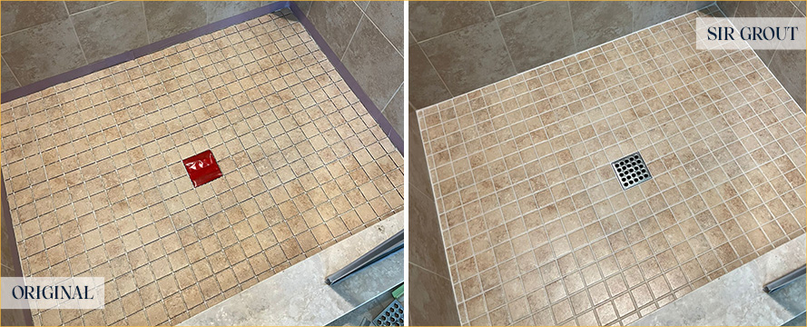 Shower Floor Before and After a Service from Our Tile and Grout Cleaners in Wayne