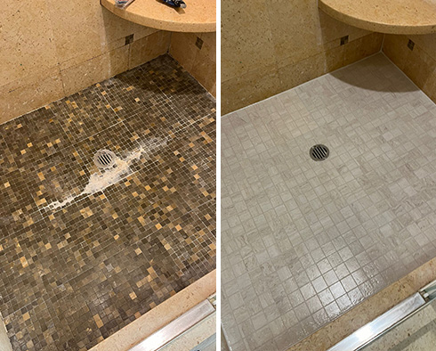 Shower Floor Before and After Our Hard Surface Restoration Services in Bryn Mawr