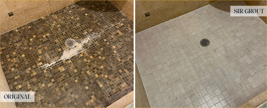 Shower Floor Before and After Our Hard Surface Restoration Services in Bryn Mawr