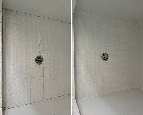 Shower Floor Before and After Our Hard Surface Restoration Services in Wayne