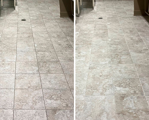 Restroom Floor Before and After a Service from our Tile and Grout Cleaners in Elverson