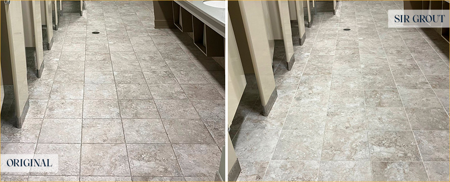 Restroom Floor Before and After a Service from our Tile and Grout Cleaners in Elverson