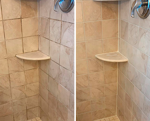 Porcelain Shower Before and After a Service from Our Tile and Grout Cleaners in Wayne