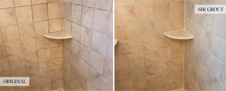 Porcelain Shower Before and After a Service from Our Tile and Grout Cleaners in Wayne