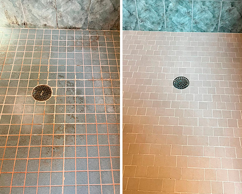 Shower Floor Before and After a Service from Our Tile and Grout Cleaners in West Chester