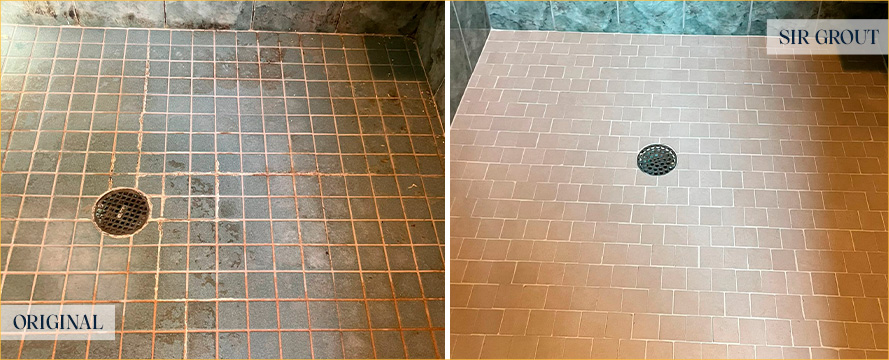 Shower Floor Before and After a Service from Our Tile and Grout Cleaners in West Chester